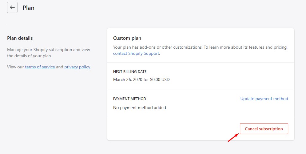Cancel subscription shopify
